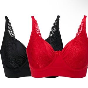 Rhonda Shear 2-pack Butterknit No Wire Underwire Bra with Lace Size M Red Black
